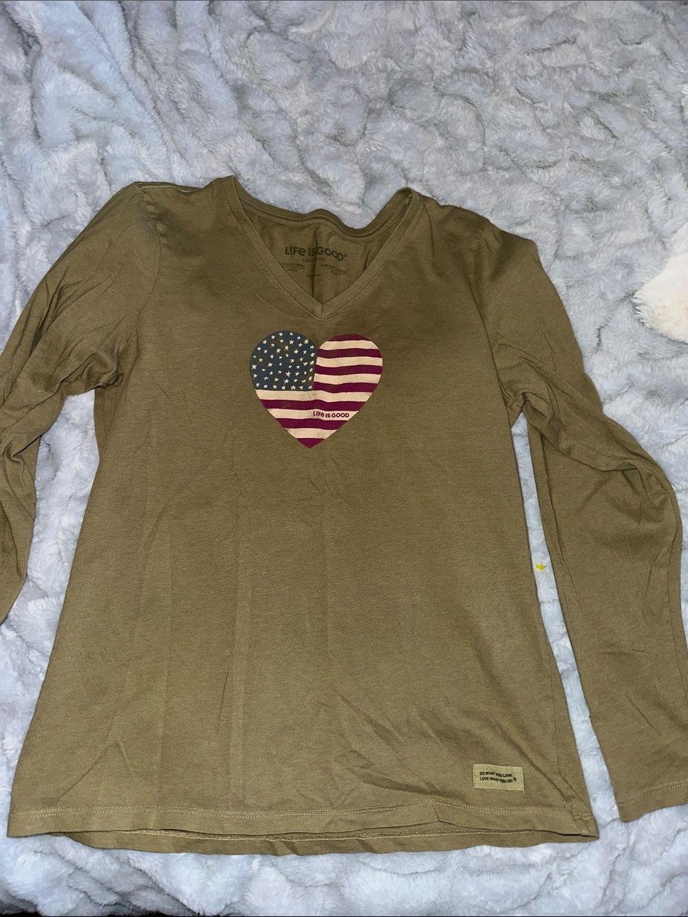 Life Is Good Olive Green Long Sleeve V-Neck with Flag Heart Graphic